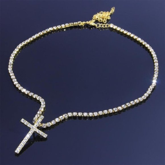 Big Cross Necklace Tennis Chain Crystal Rhinestone Choker Necklace Women Collar - Picture 8 of 8